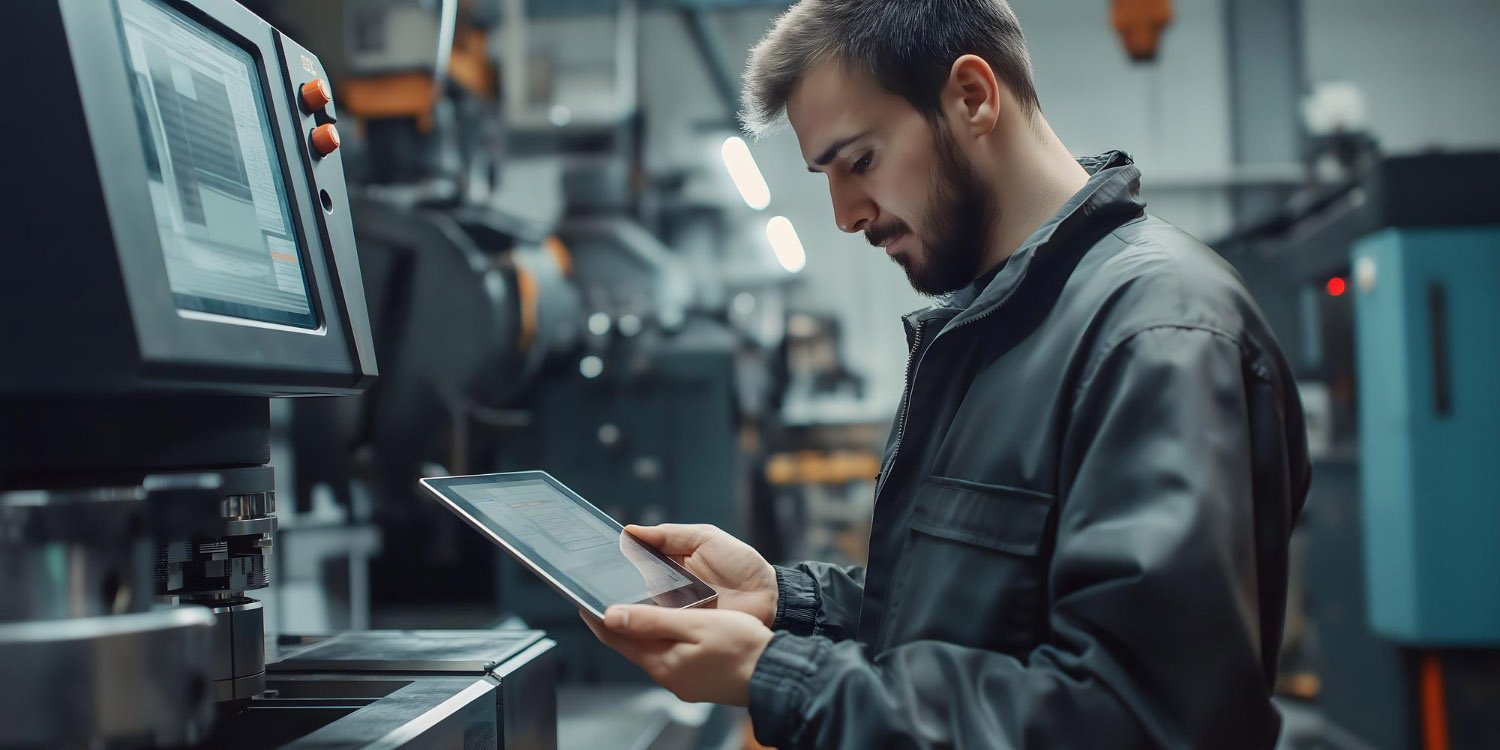 Digitale Werkerführung System Produktion – Werker am Arbeitsplatz mit digitalem Touchscreen-Arbeitsanweisung