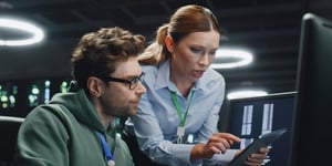 Data center analysts working in server room closeup it specialist showing data