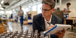 Quality control inspector writing reports while analzying manufactured steel rod cylinders in industrial building