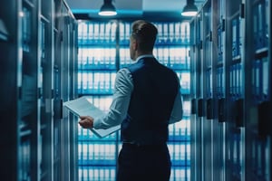 Businessman checks data management in a server room between modern server racks.