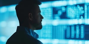 Silhouette of a manager exploring logistics innovations on a digital screen sleek office