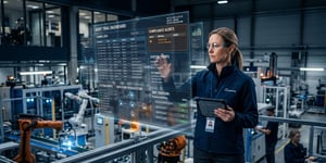 Ultra-realistic industrial compliance scene, cinematic lighting, modern smart factory interior, a quality manager analyzing a digital audit trail dashboard on multiple transparent holographic screens, visible change logs, timestamps, user actions, compliance alerts and data flow visualizations, futuristic MES/QMS interface, dark blue and graphite color palette with subtle orange highlights, high-tech manufacturing environment, shallow depth of field, dramatic perspective, highly detailed, professional B2B technology aesthetic, realistic people, clean composition, premium corporate style, suitable as hero image for an enterprise software blog article about audit trails and compliance, 16:9 format, ultra sharp, photorealistic, no text, no watermark