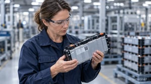 Battery Passport Storage Requirement: Quality Engineer Inspects Battery Modules on an Assembly Line