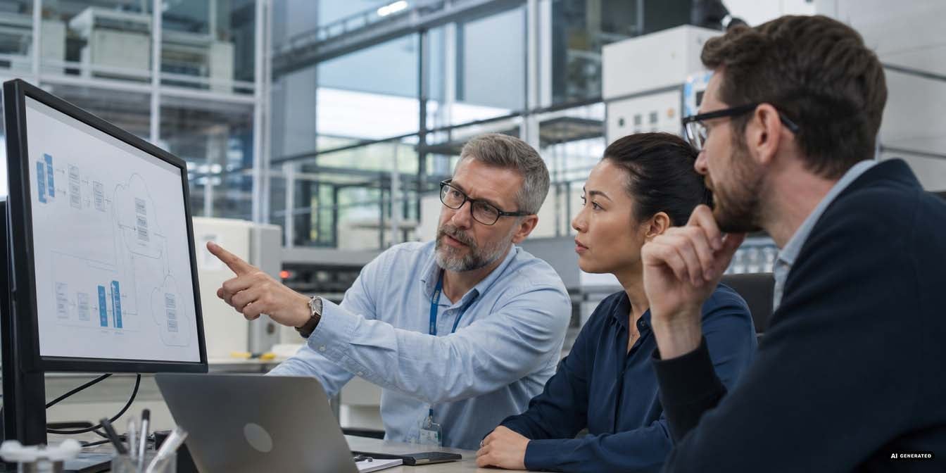 Produktionsteam bespricht Cloud Exit Strategie und Datenhoheit vor Bildschirm mit Archiv- und Serverstruktur