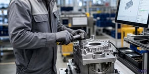 A production worker at an assembly station for an automotive supplier is inspecting a component with a torque wrench; next to him is a touchscreen terminal displaying digital work instructions for guided assembly.