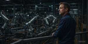 A technician monitors an automated, unmanned production line at the Dark Factory