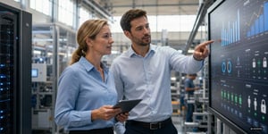 Two specialists are checking access rights to production data at the plant, symbolizing data sovereignty in manufacturing