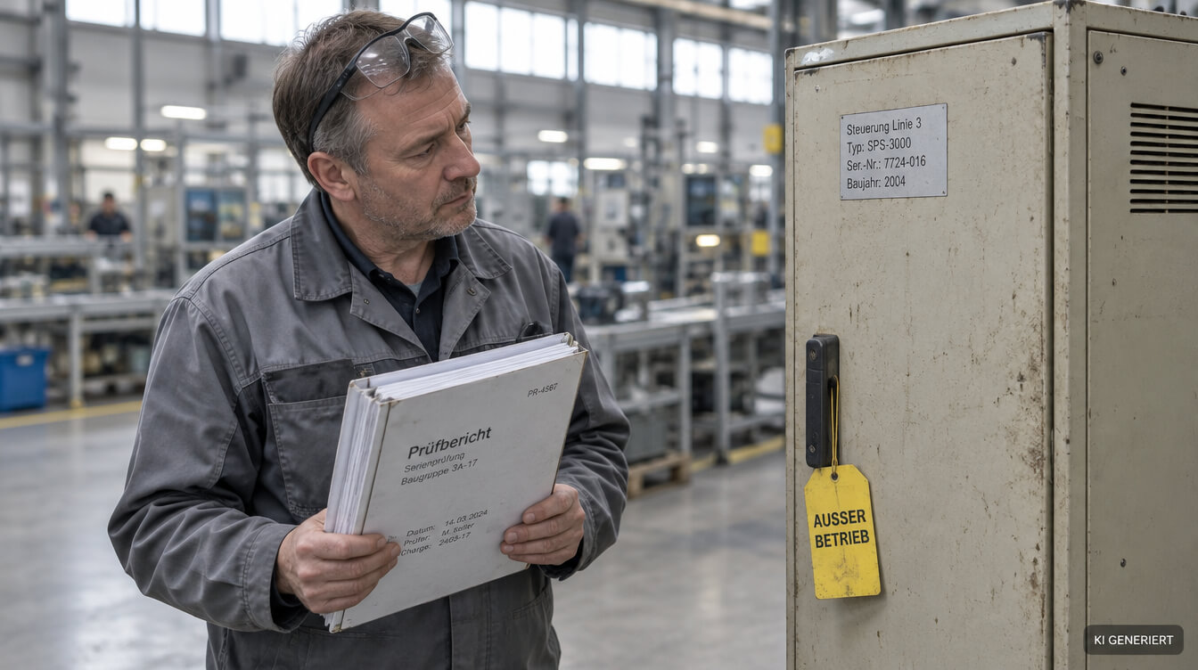 Digitale Langzeitarchivierung beim Altsystem: Qualitätsingenieur prüft Prüfbericht am stillgelegten Industrierechner