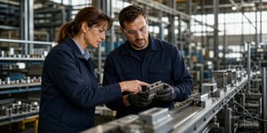 A production manager and a worker on a digitized production line discuss a process step