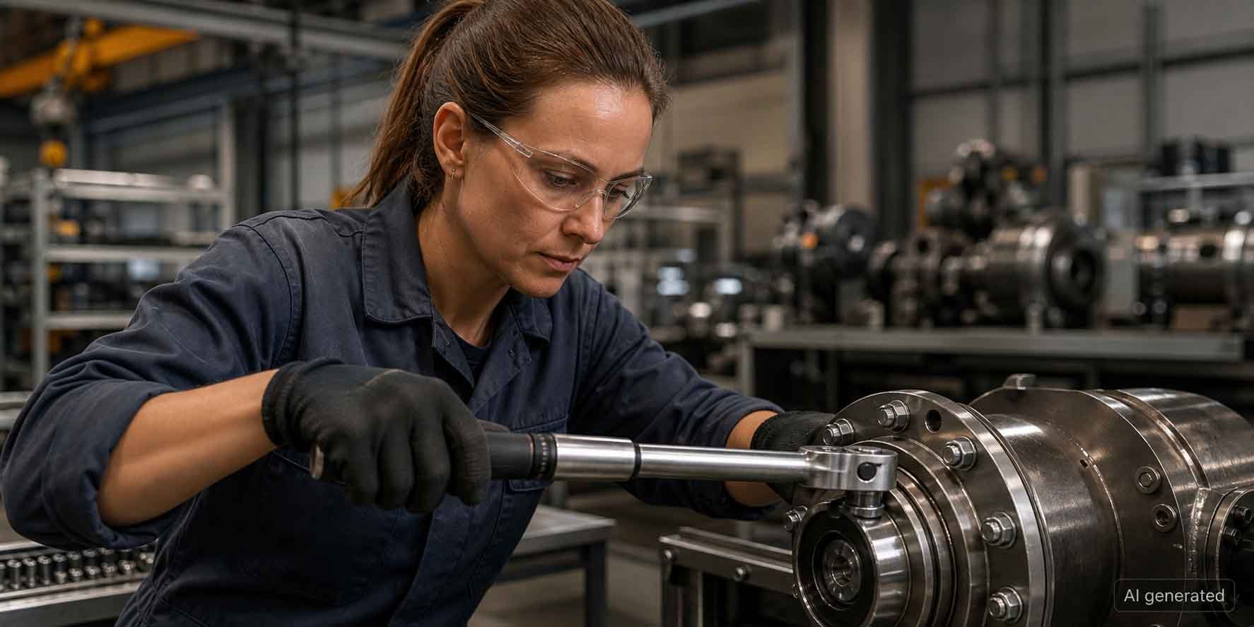 Werkerin zieht sicherheitsrelevante Verschraubung mit Echtzeit-Drehmomentprüfung an