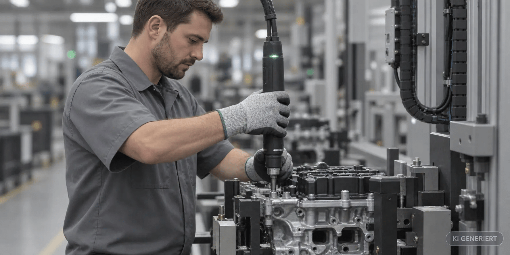 Fehlererkennung in der Produktion: Werker verschraubt ein Bauteil, Prozessdaten werden erfasst
