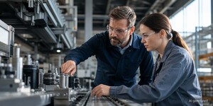 A process engineer and a specialist monitor an automated process on a networked production line 
