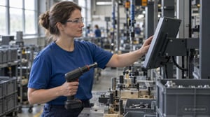 Smart Operator Guidance at the Assembly Station: An operator confirms an assembly step on the line