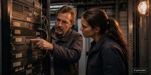 An IT manager and a systems engineer are inspecting a legacy software system in the server room of a manufacturing facility