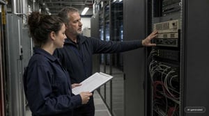 An IT manager and a systems engineer are inspecting a legacy system in the server room of a manufacturing plant