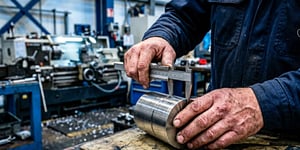 A worker holds a caliper gauge to a turned metal part in a modern CNC production hall.