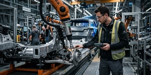 Employees in modern automotive production assembling a bolted joint on an industrial production line with bolting tools and metal components.