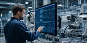 Quality management software integrated with production: An engineer checks real-time process data on a shop floor monitor in the manufacturing area 