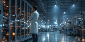 Quality engineer in a modern medical technology smart factory next to illuminated filing cabinets, a symbol of audit-proof data storage and medical technology software. 