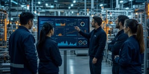 Employees discuss key performance indicators on a digital shop floor management board in a modern manufacturing facility