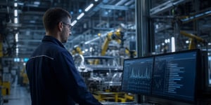 Quality Management Software for Manufacturing – Quality Engineer at a Digital Workstation with Process Data and Component Traceability in the Background of a Production LineYou said: old tag