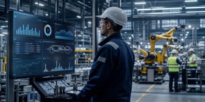 Quality assurance software in production - quality engineer inspects component on modern production line