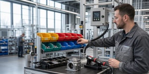 Operator assistance systems on an assembly line; the operator is guided to select the correct torque tool from among color-coded component bins.