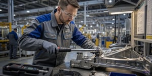 Quality Management Software in Manufacturing; Quality Engineer Inspects a Bolted Component Using a Torque Wrench