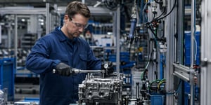 Quality Control in Manufacturing: An inspector measures an engine component on an assembly line using a torque wrench and a dial gauge