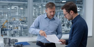 Continuous quality control - two engineers analyze quality data in the production control room with a view of the production line