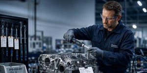 Audit Readiness in Manufacturing: Quality Engineer Checks a Screw Connection on the Engine Block Using a Digital Torque Wrench