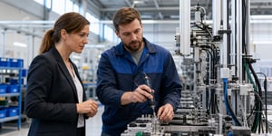 Improving Production Efficiency: The plant manager and machine operators discuss the assembly process on a production line equipped with screwdrivers and sensors