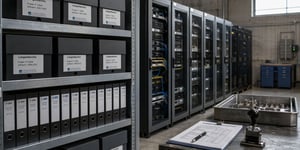 Audit-Compliant Archiving Software: Industrial Long-Term Archive with Labeled Archive Shelves, Server Cabinets, and Test Equipment in a Manufacturing Environment
