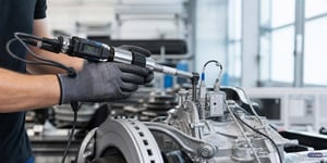Quality Management Software Process Data Analysis: Worker inspects screw connection using a torque wrench on the assembly line