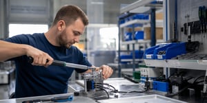 Operator guiding a torque wrench at a production assembly station; operator applying the torque wrench to a component; physical tools neatly arranged