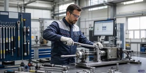 Tool Management Software in Manufacturing: A test engineer inspects a torque wrench on a calibration test bench using test wrenches and tools