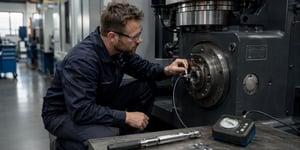 Predictive Maintenance in Manufacturing: A maintenance technician installs a vibration sensor on a machine bearing in the production hall