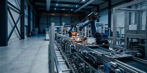 Automated production line in a modern industrial hall for safe and traceable production in Industry 4.0.