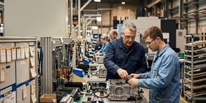 Produktionsmitarbeiter bei der manuellen Montage in einer modernen Fertigung mit digital unterstützter Werkerführung und Wissenstransfer