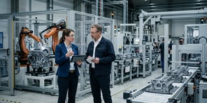 Quality managers and production managers analyze manufacturing processes in a modern industrial environment with a focus on quality management, efficiency and operational excellence