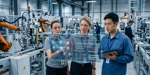 Auditor and quality engineer analyze digital quality data, inspection records and traceability reports in a modern manufacturing environment.