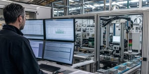 A quality engineer analyzes production, testing, and traceability data in a modern manufacturing environment to ensure compliance with the requirements of the EU Product Liability Directive 2026.