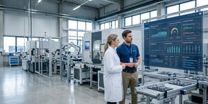Predictive quality in production: Quality managers analyze AI-supported quality predictions on a dashboard with production and process data in a modern Industry 4.0 factory.