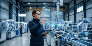 Engineer analyzes historical process data and quality deviations on a modern automated production line with holographic data visualizations and a high-tech industrial environment.