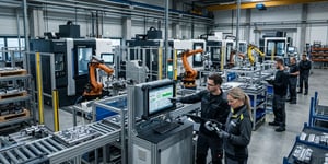 Modern production hall with automated production lines and process data management in industrial production