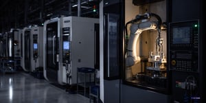 Dark Factory production hall at night, featuring automated robot cells and unmanned CNC machines