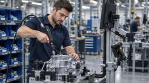 Implementing an assembly assistance system: An assembly worker fastens a component with a connected screwdriver during assembly