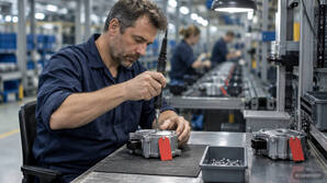 Reducing the rework rate: A technician corrects a screw connection at the rework station on an assembly line