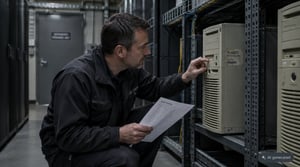 NIS2 Legacy Systems: An IT manager inspects an old production server at a manufacturing plant