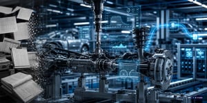 Automated axle assembly in automotive production with digital recording of torque and quality data directly on the production line to ensure complete traceability of every component.